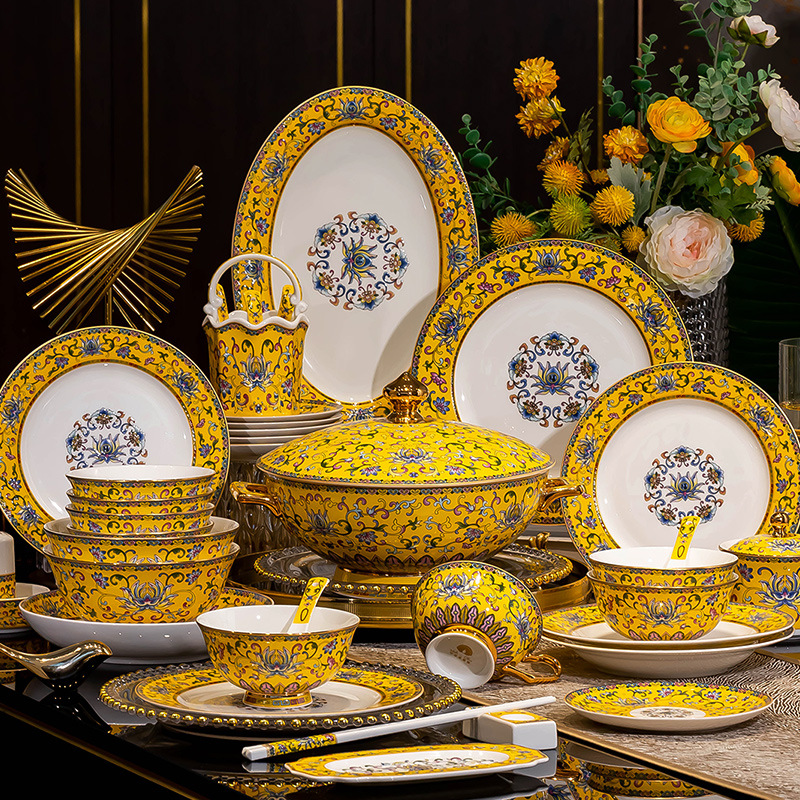 景德镇珐琅彩高档餐具套装碗盘家用中式宫廷风乔迁陶瓷碗碟套组