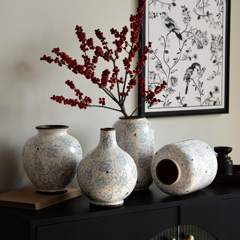 复古仿旧冰裂纹青花瓷花瓶新中式陶瓷高级感客厅玄关插花餐桌摆件